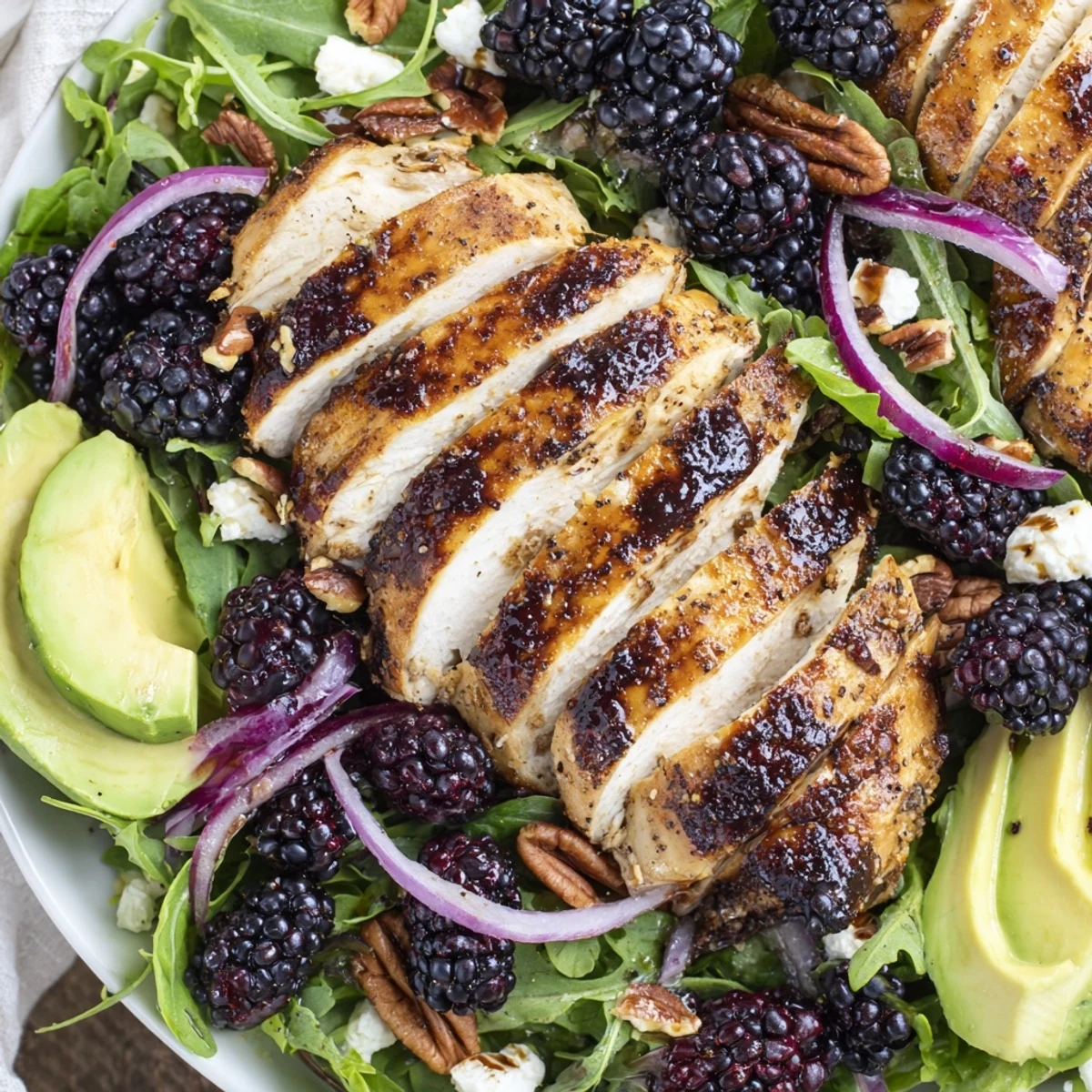 Sweet Tangy Blackberry Chicken Salad recipe drizzled with glossy blackberry balsamic vinaigrette