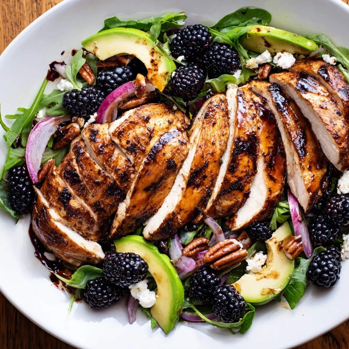 Close-up of Sweet Tangy Blackberry Chicken Salad, juicy berries, creamy avocado, toasted pecans