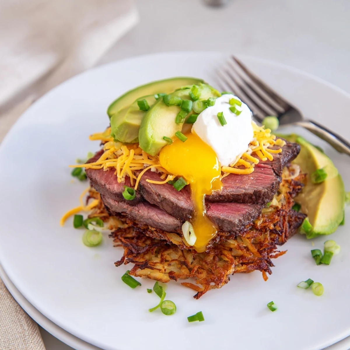 Crispy Loaded Steak Egg Hash Brown Stacks Recipe with melted cheddar, sunny egg