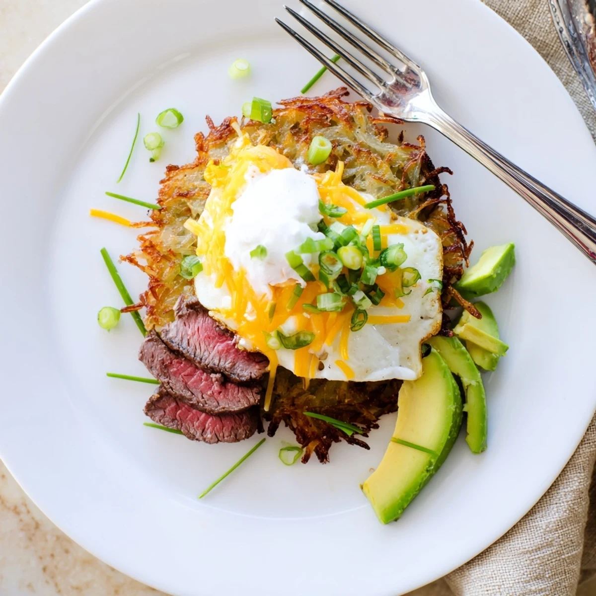 Skillet-seared Loaded Steak Egg Hash Brown Stacks Recipe served hot with avocado