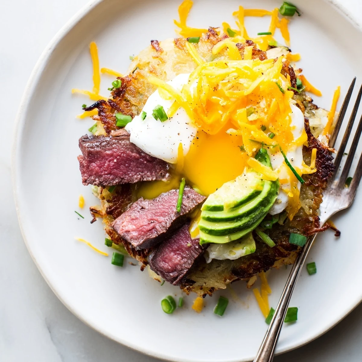 Hearty Loaded Steak Egg Hash Brown Stacks Recipe layered sky-high, drizzled sour cream