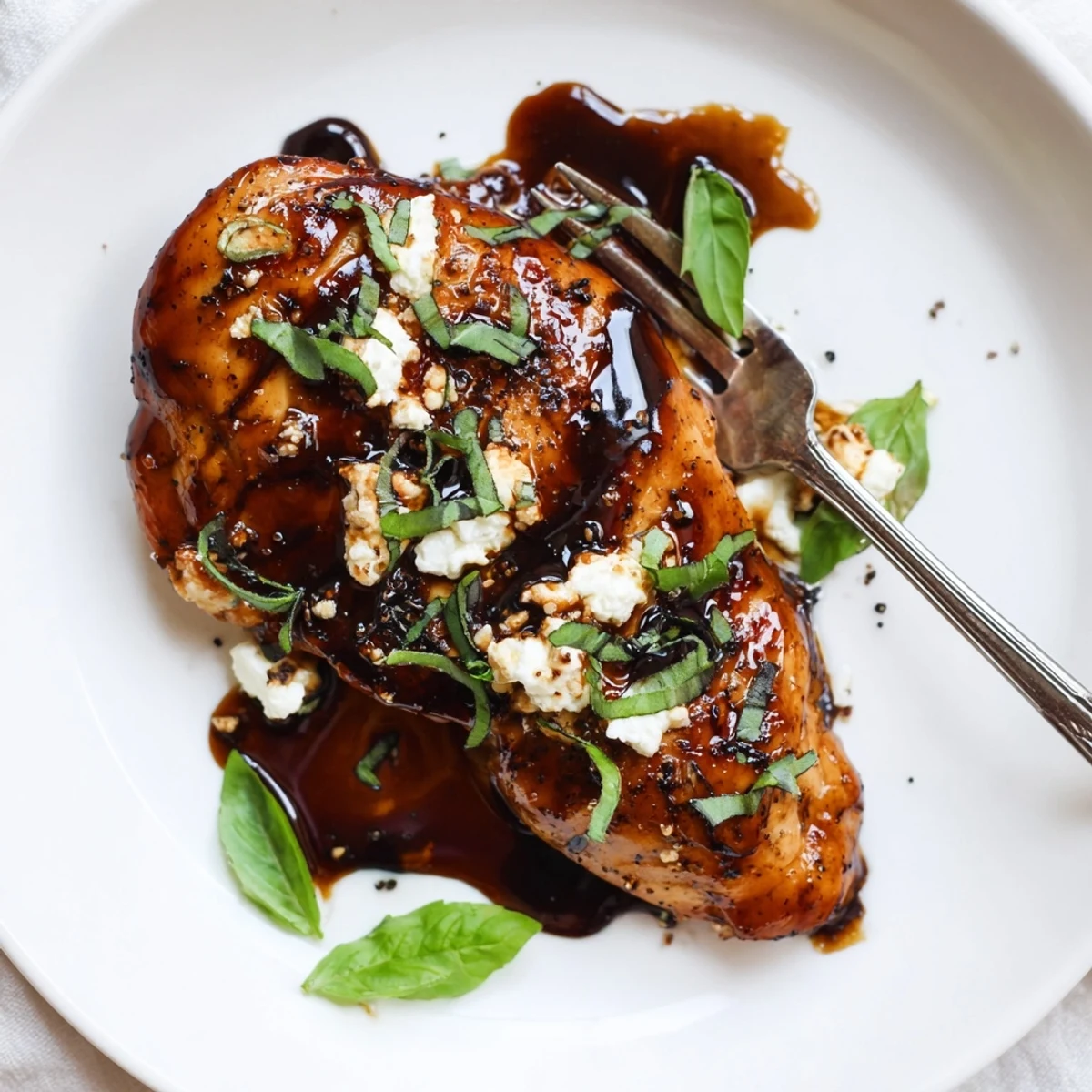 Sweet Tangy Balsamic Chicken with Goat Cheese & Basil, glossy balsamic glaze, oven-hot