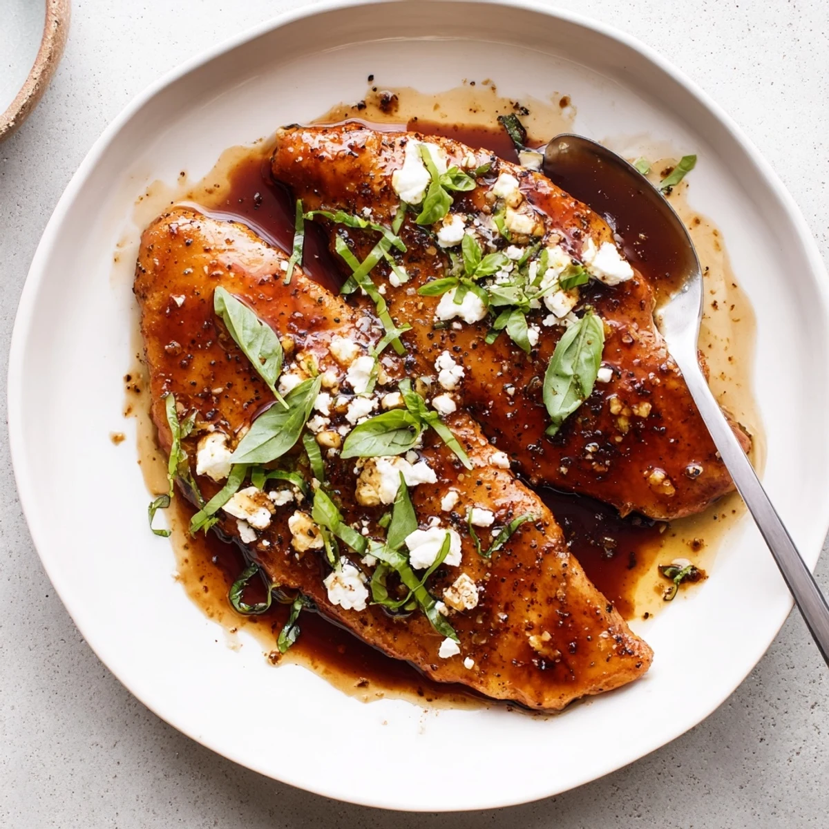 Sweet Tangy Balsamic Chicken with Goat Cheese & Basil, served with roasted vegetables