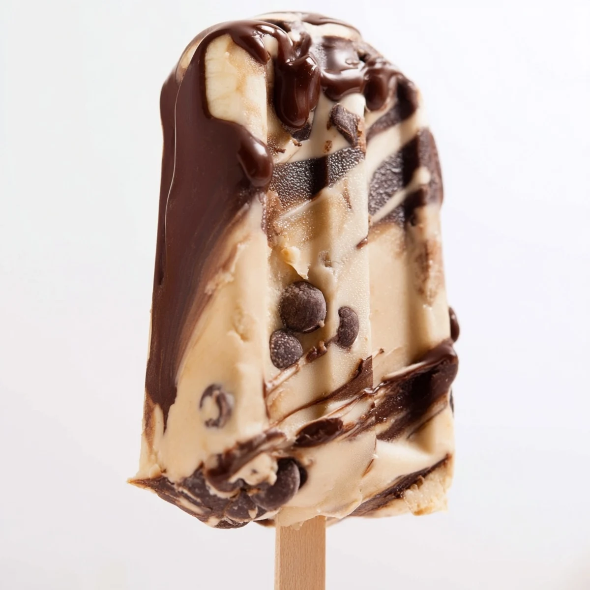 Frozen chocolate banana bliss popsicles displaying rich dark chocolate ribbons throughout the banana yogurt base