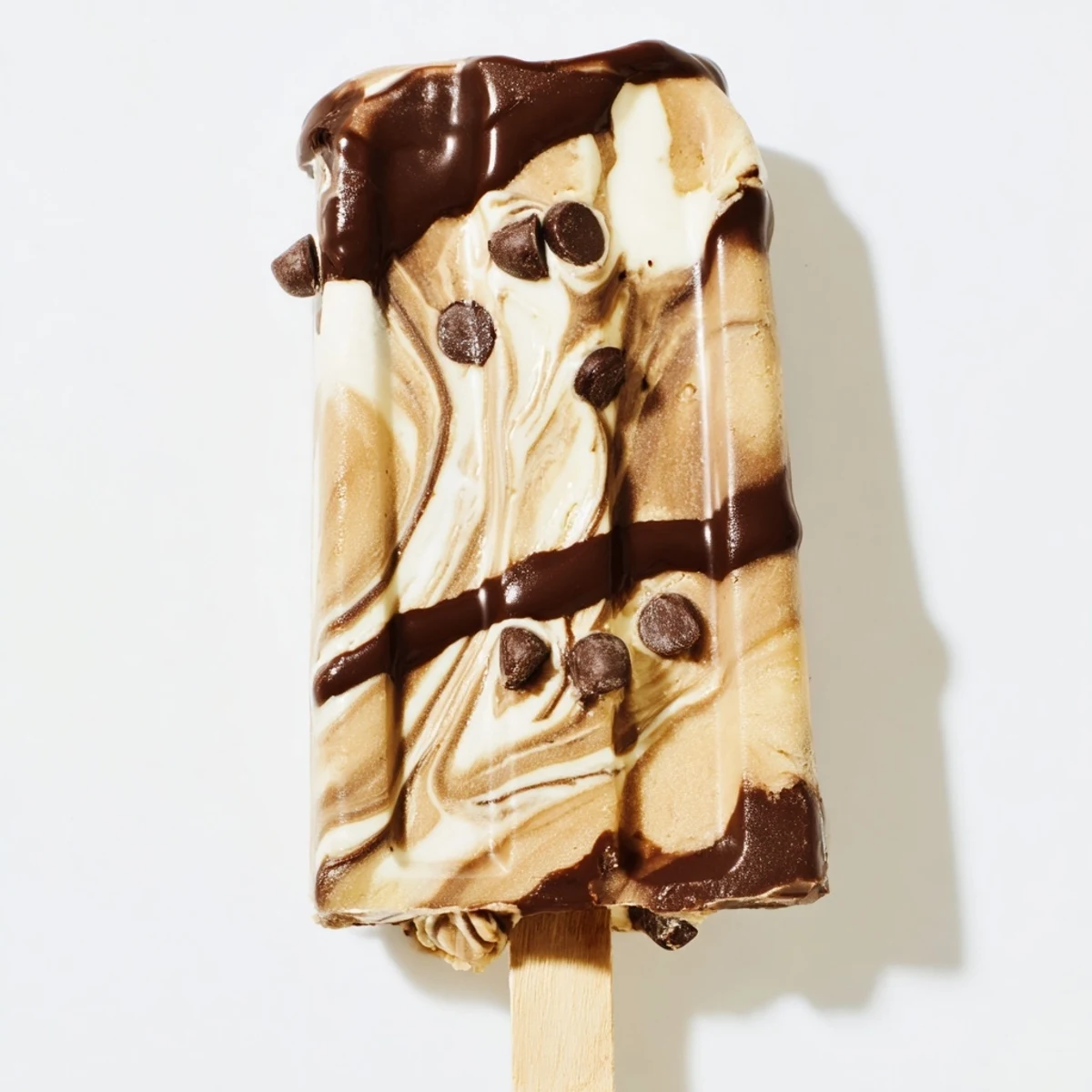 Homemade chocolate banana bliss popsicles garnished with mini chocolate chips against a bright summer background