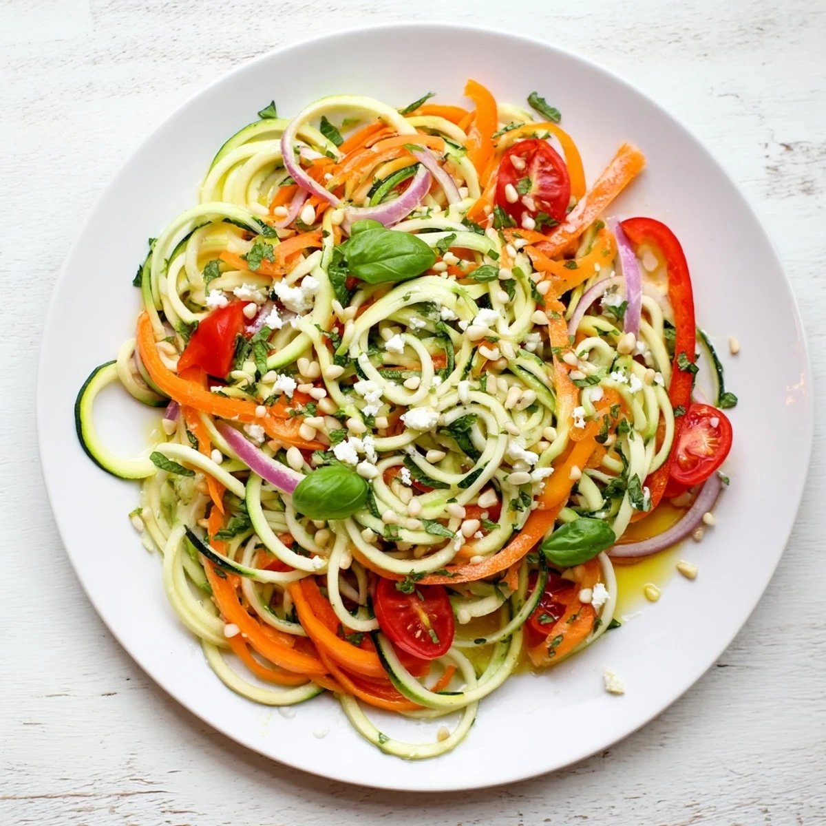 Glowing bowl of refreshing zucchini noodle salad with colorful vegetables and citrus dressing