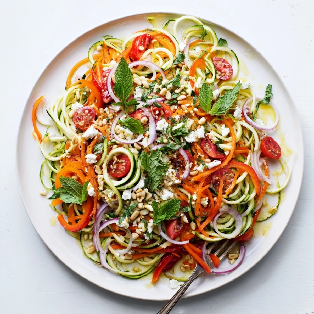 Light summer lunch featuring spiralized zucchini noodles tossed with crisp bell peppers and cherry tomatoes
