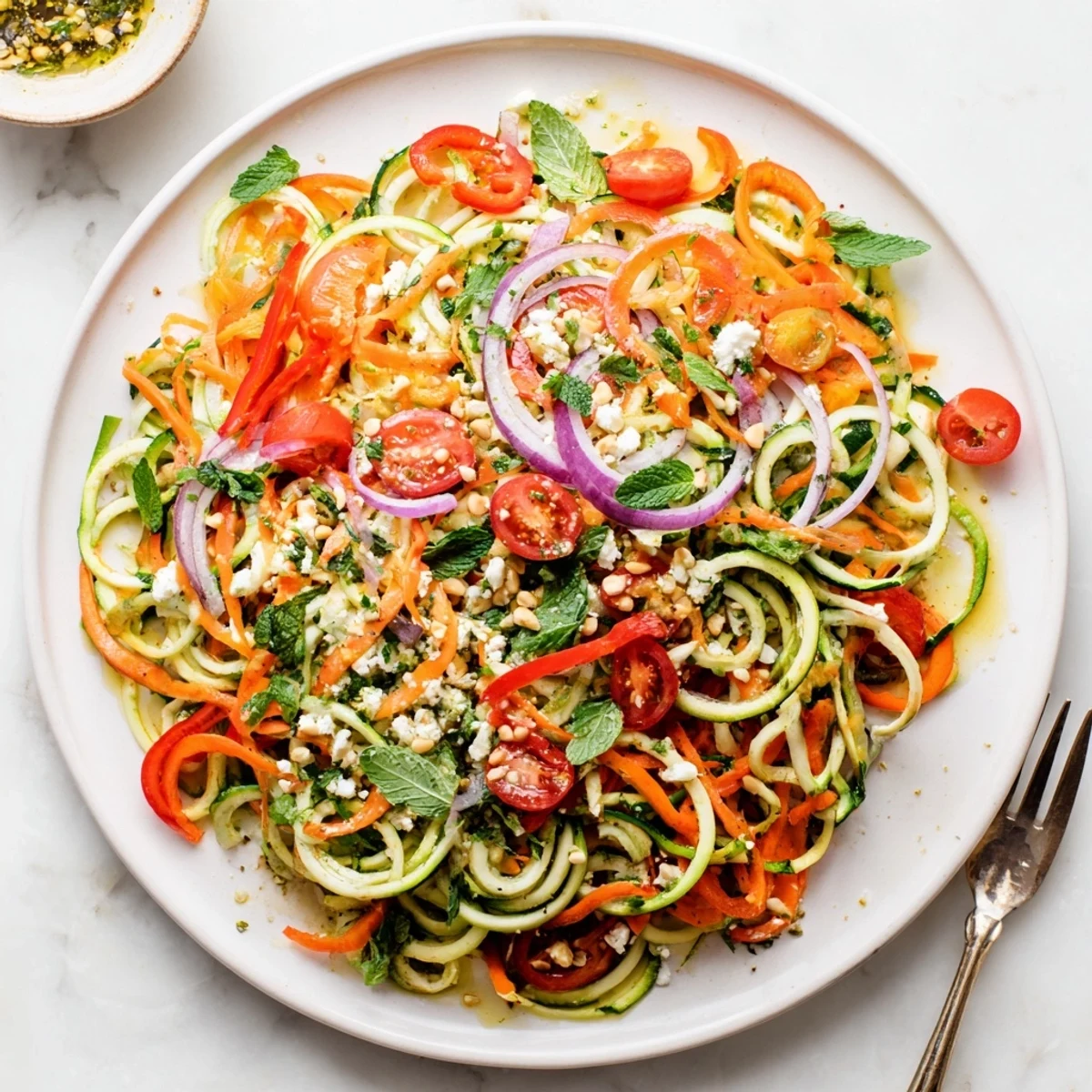 Vibrant vegetarian zucchini noodle salad delight topped with fresh herbs and zesty citrus dressing