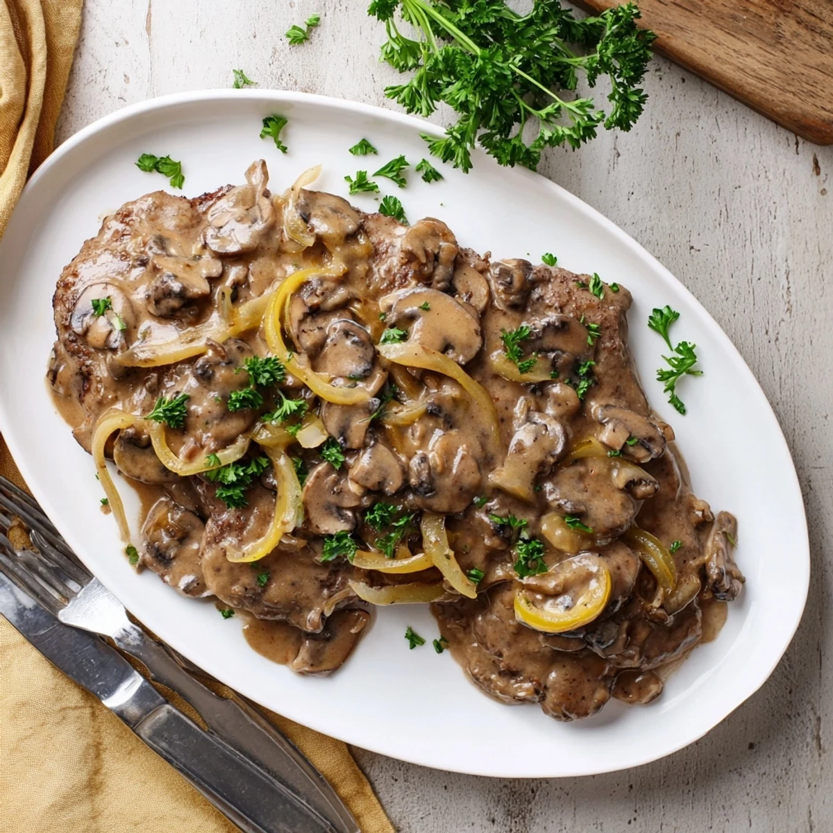 Golden brown country style smothered cube steak swimming in rich onion mushroom gravy