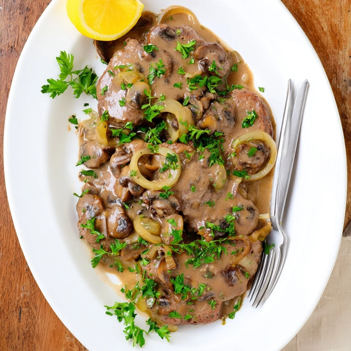 Tender beef cube steak dish smothered in savory brown gravy with caramelized onions