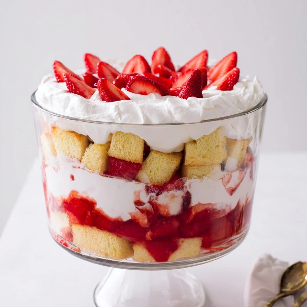 Individual strawberry shortcake trifles showcasing sweet macerated strawberries, fluffy whipped cream, and buttery cake layers