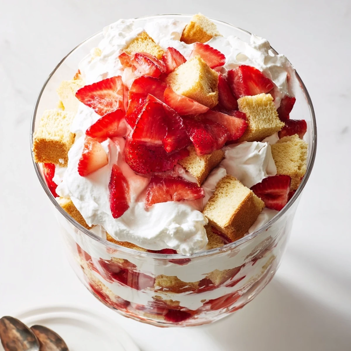 Layered strawberry shortcake trifle dessert with fresh berries, whipped cream, and golden shortcake cubes in clear glass