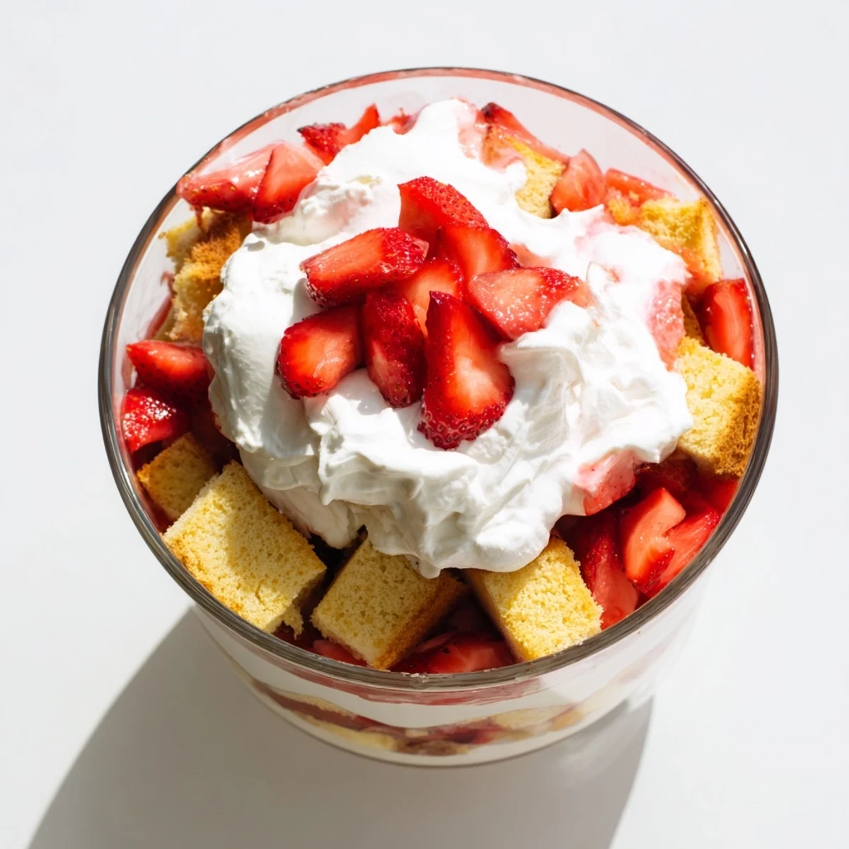 Elegant strawberry shortcake trifle served in glass with red strawberries, white cream, and tender cake pieces