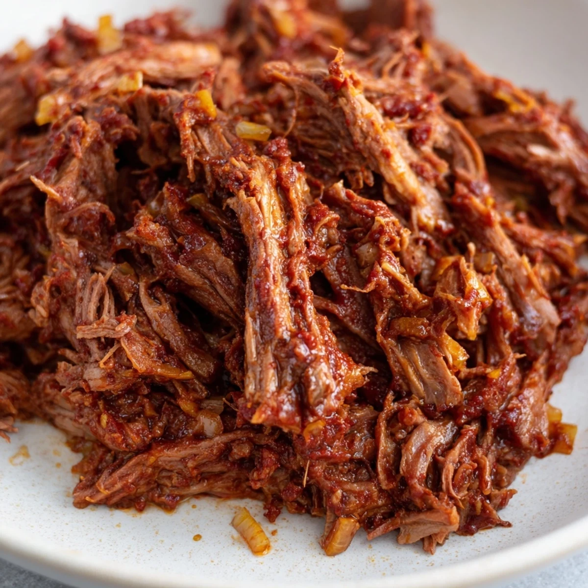 Flavorful slow cooker beef barbacoa piled high in a bowl with fresh cilantro and lime