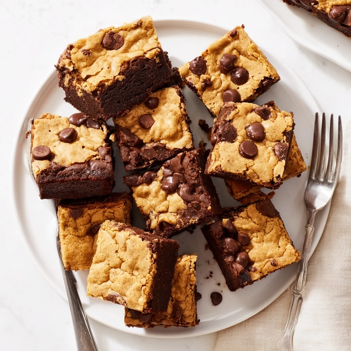 Fudgy chewy brookies stacked on a white plate featuring chocolate chip studded cookie dough layer