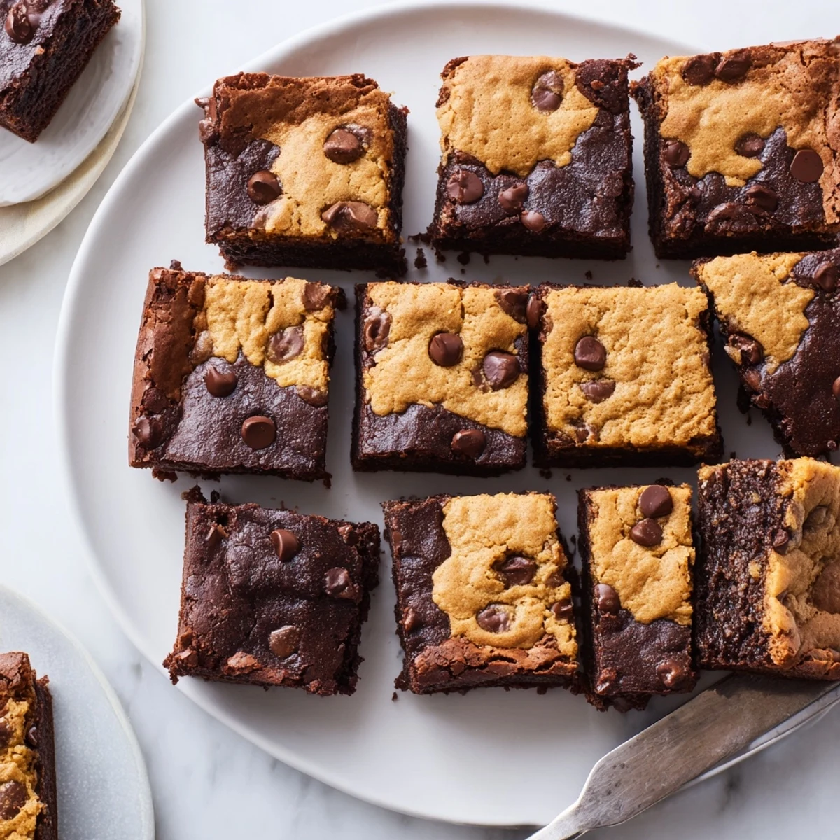 Freshly baked fudgy chewy brookies cut into squares revealing dual layers of brownie and cookie