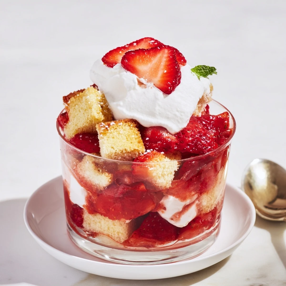 Macerated strawberries glisten atop Strawberry Shortcake Trifles served in small glasses  