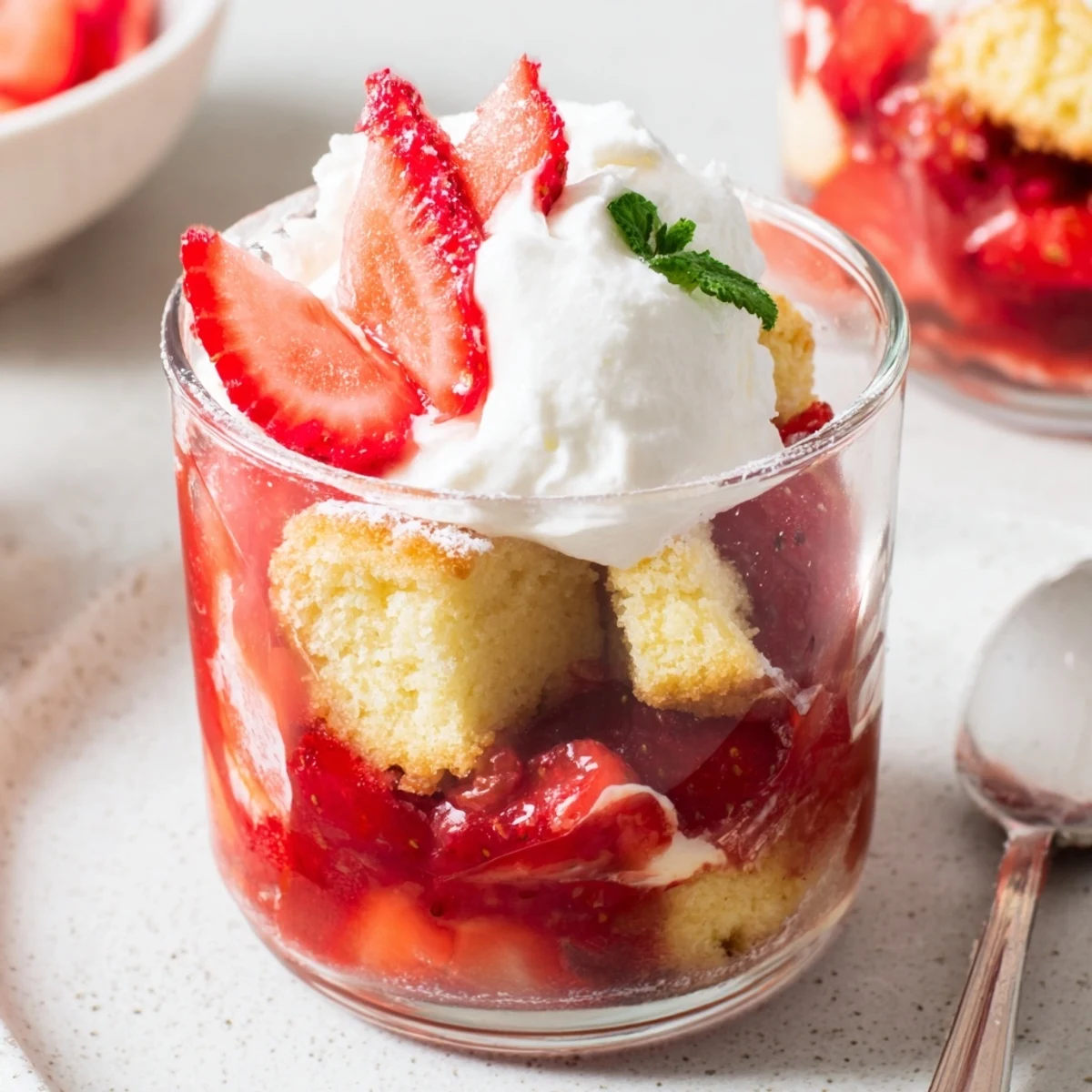 Chilled individual portions with mint garnish showcase vibrant Strawberry Shortcake Trifles