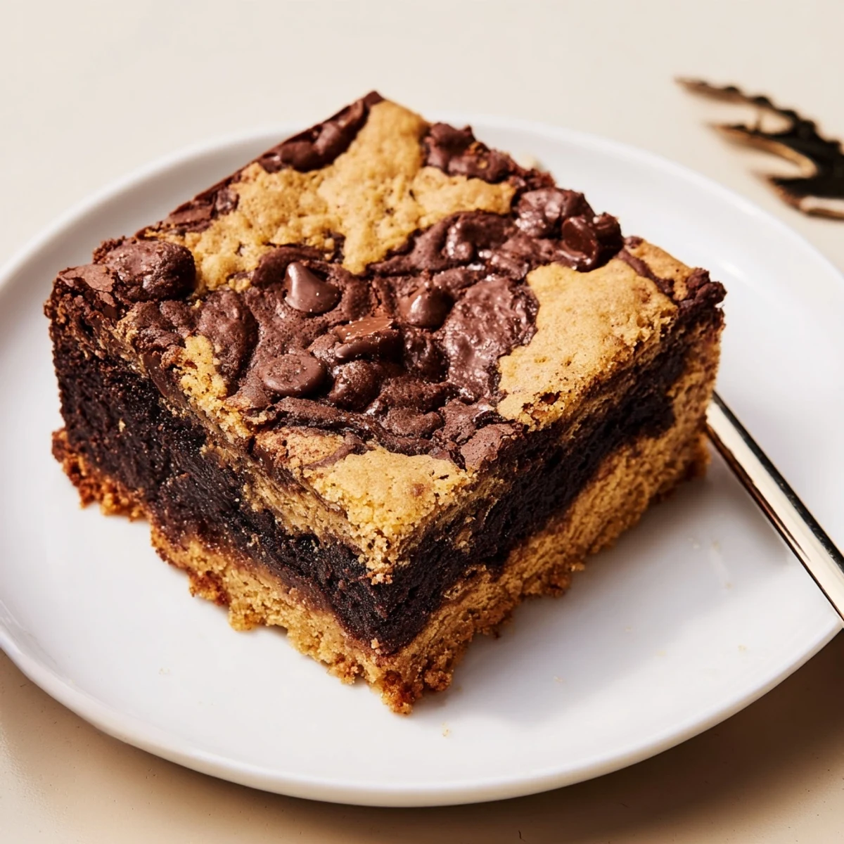 Close-up of Fudgy Chewy Brookies Recipe showing fudgy bottom, chewy cookie top.