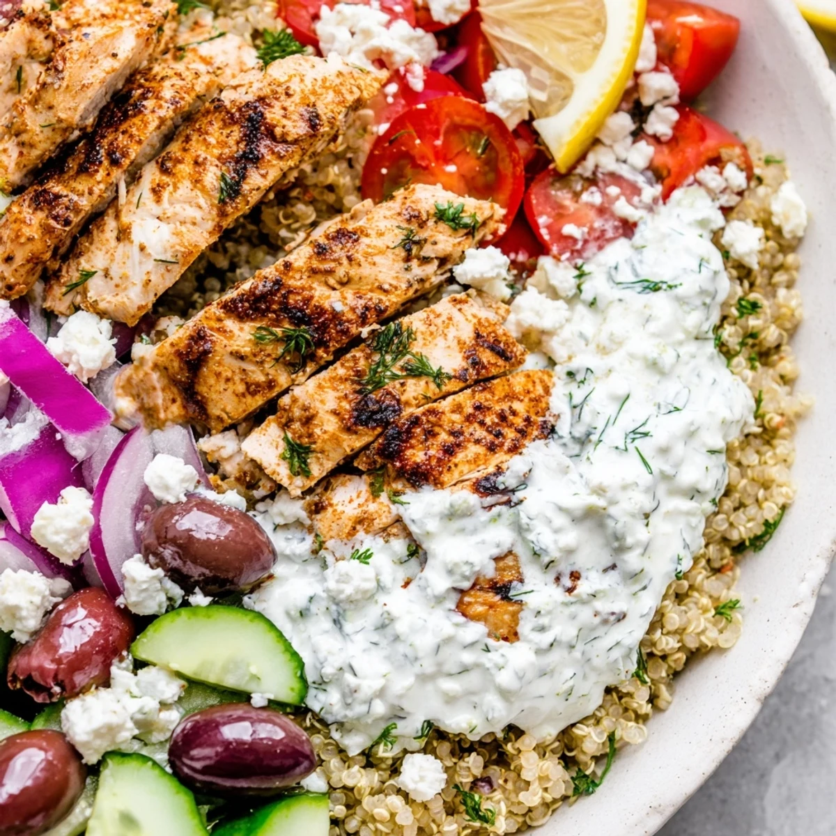 Juicy sliced Greek Chicken Grain Bowl drizzled with cool tzatziki and crumbled feta