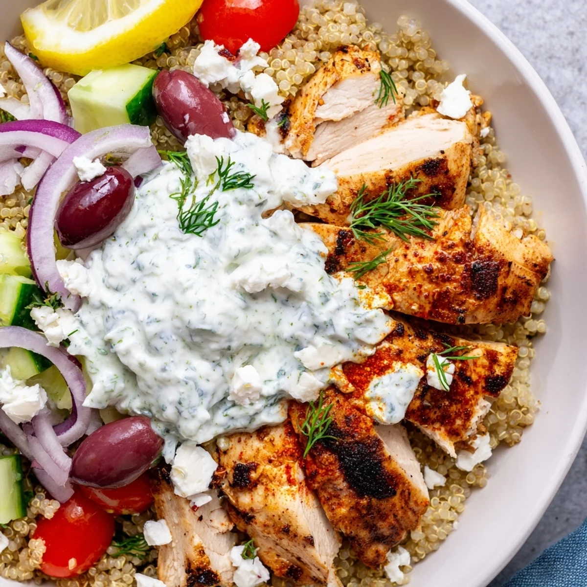 Vibrant Greek Chicken Grain Bowl topped with olives, tomatoes, and creamy cucumber sauce