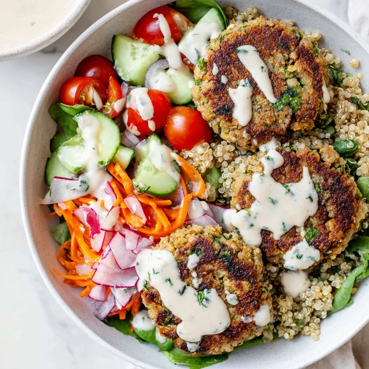Golden pan-fried falafel resting on a bed of quinoa and colorful chopped vegetables