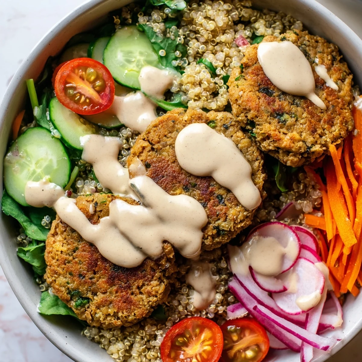 Crispy falafel grain bowl topped with fresh vegetables and creamy tahini dressing