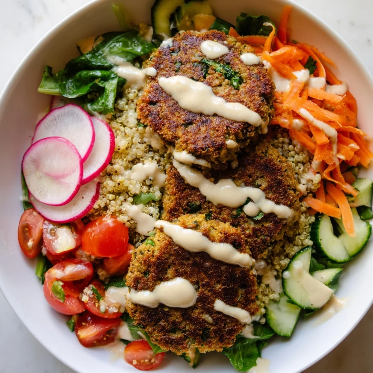 Hearty falafel grain bowl drizzled with tahini sauce served in a rustic dish