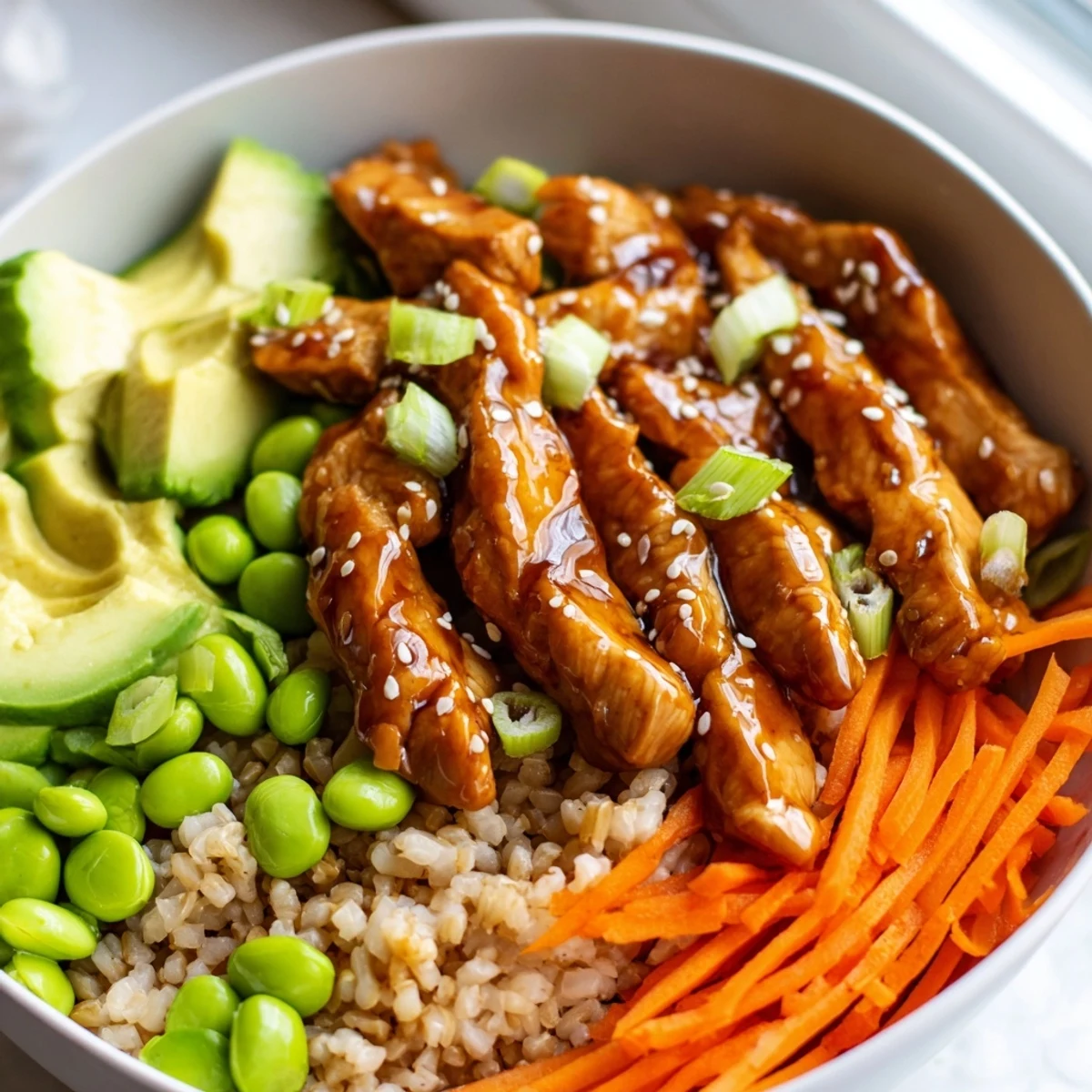 Glistening teriyaki chicken grain bowl topped with fresh avocado and sesame seeds