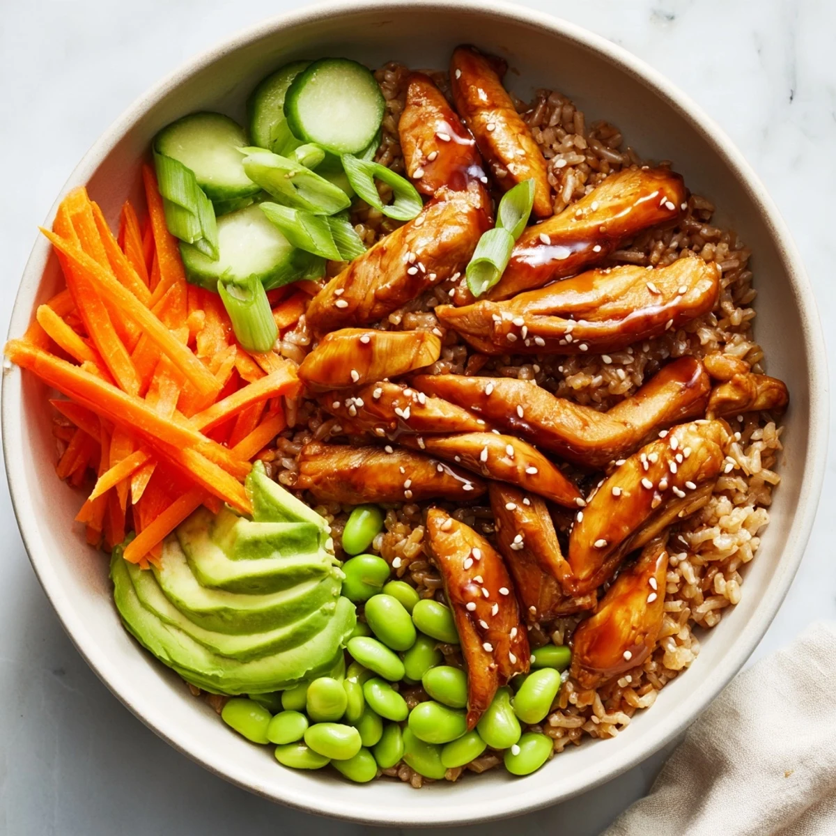 Caramelized teriyaki chicken grain bowl garnished with microgreens and julienned carrots
