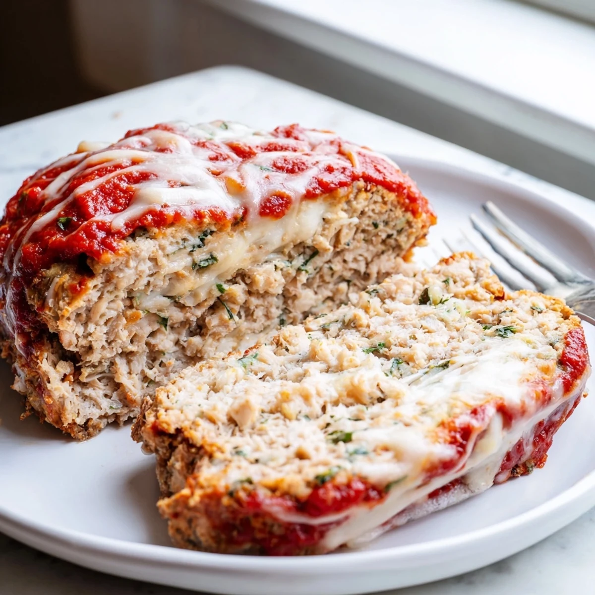 Golden Parmesan chicken meatloaf sliced thick and topped with rich marinara sauce