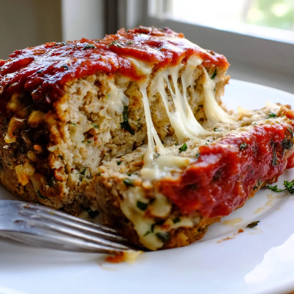 Tender Parmesan chicken meatloaf fresh from the oven with bubbling mozzarella cheese
