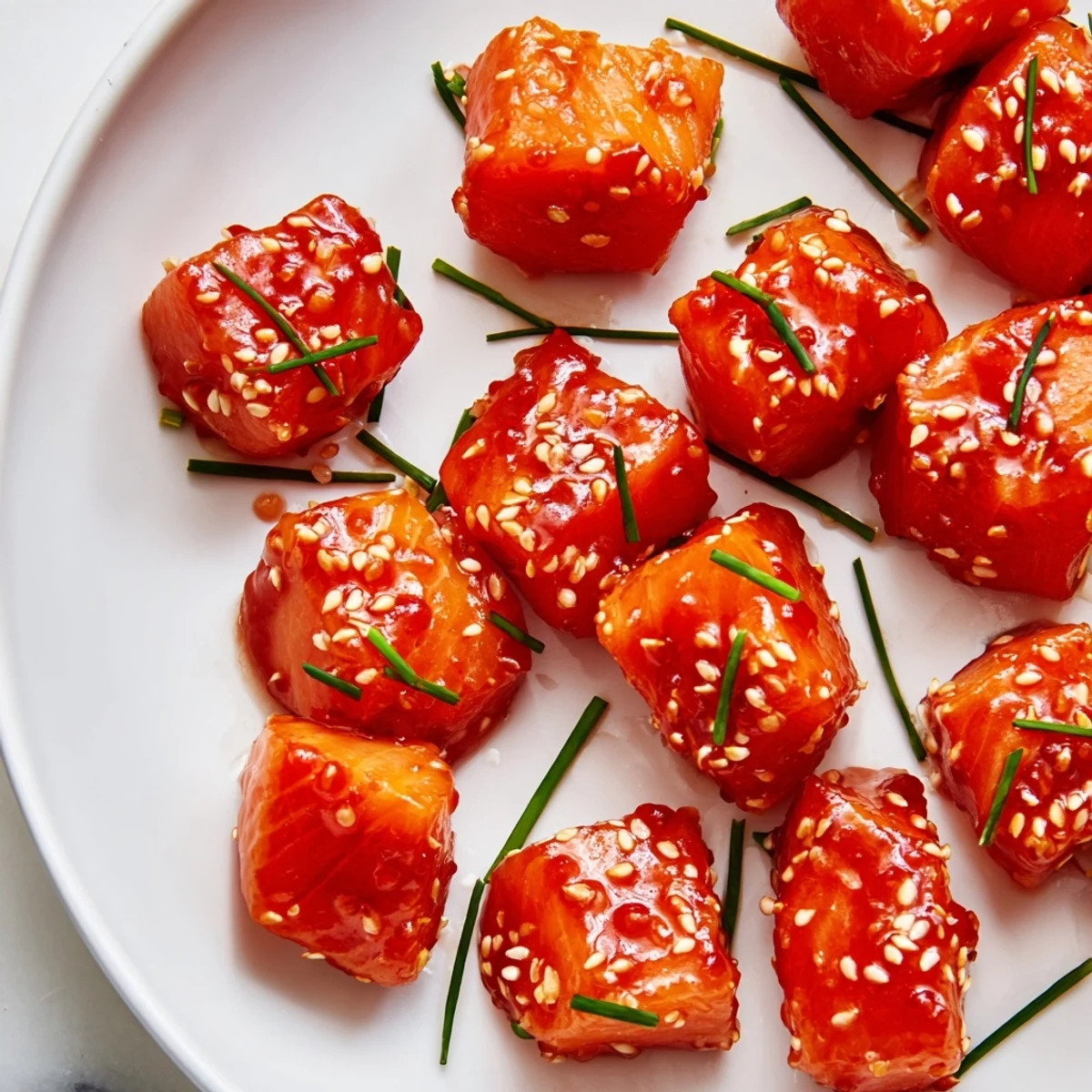 Crispy hot honey salmon bites drizzled with a glossy, spicy-sweet glaze on a parchment-lined baking sheet.