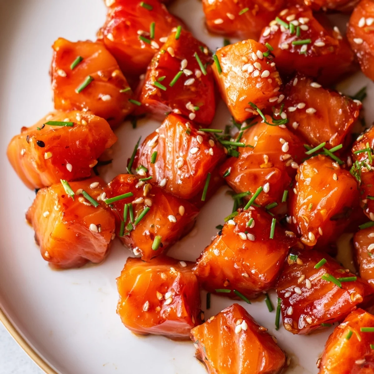 Golden hot honey salmon bites garnished with sesame seeds and fresh green onions on a white platter.