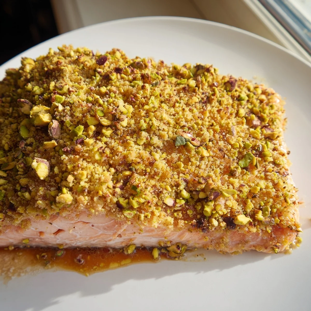 Maple pistachio salmon plated alongside roasted vegetables with a glistening sweet mustard glaze