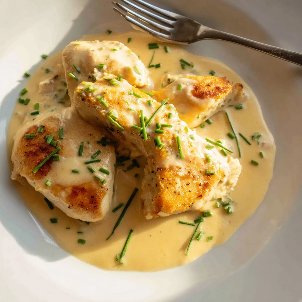 Creamy Boursin sauce with garlic and herbs draped over golden seared chicken breasts