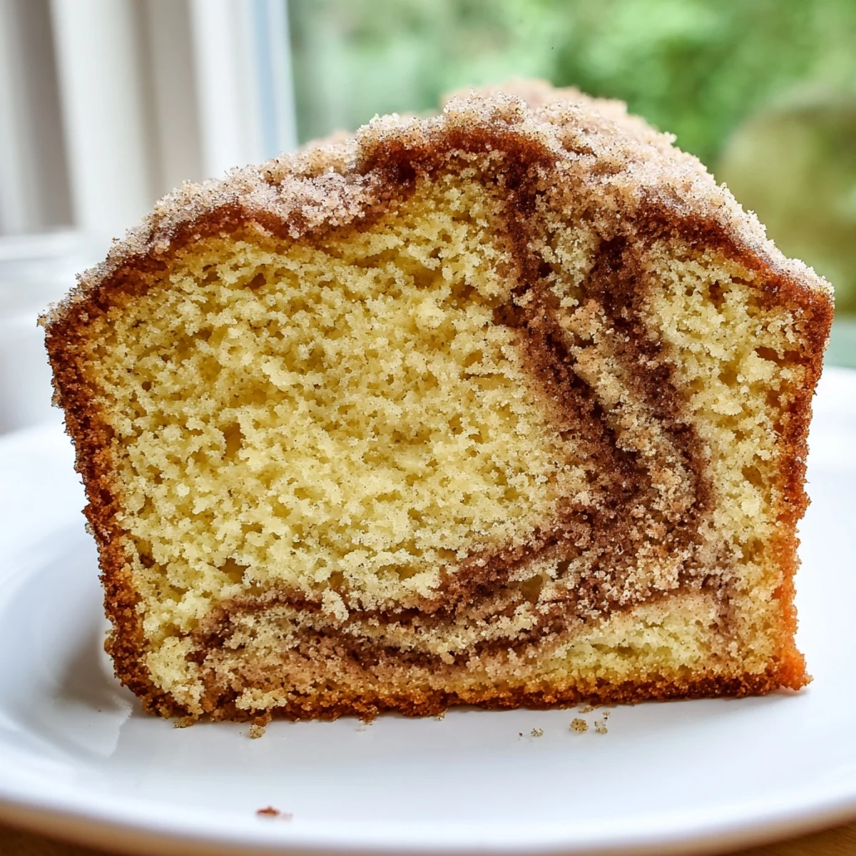 Tender cinnamon donut loaf revealing a gooey cinnamon swirl inside