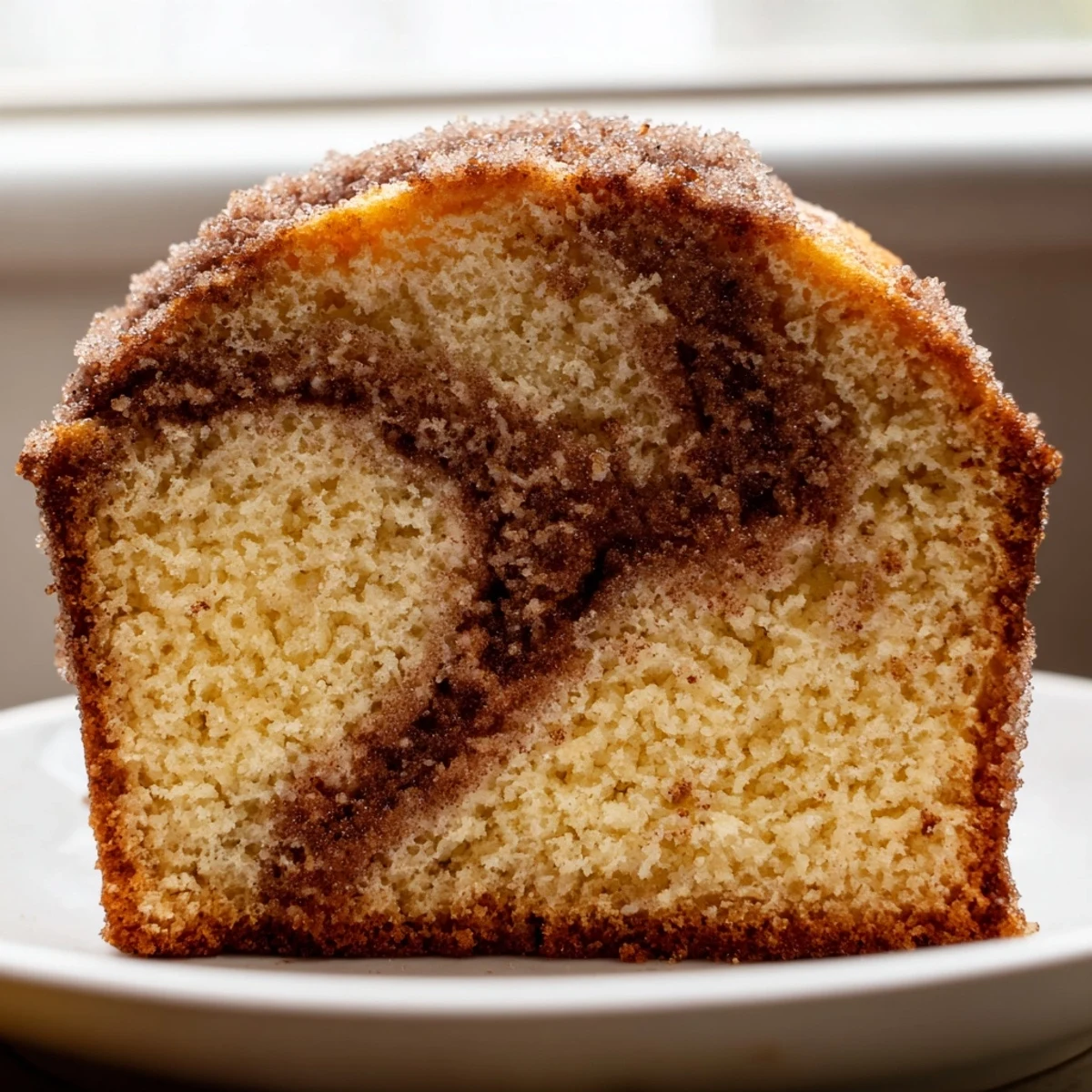 Warm cinnamon donut loaf topped with sparkly cinnamon sugar coating