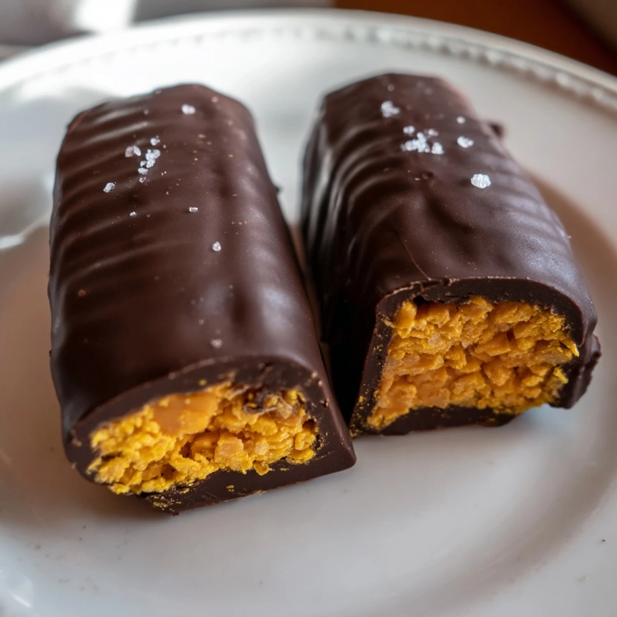 Healthy homemade Butterfingers with a crunchy peanut butter center dipped in glossy dark chocolate