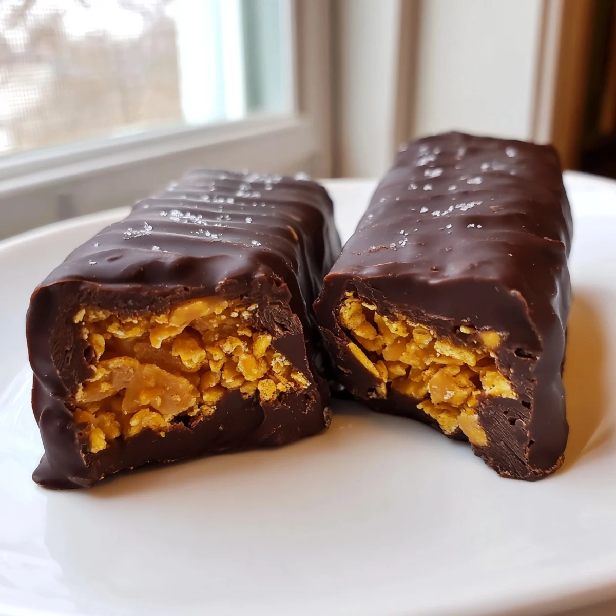 Crispy healthy homemade Butterfingers coated in rich dark chocolate on a parchment-lined baking sheet