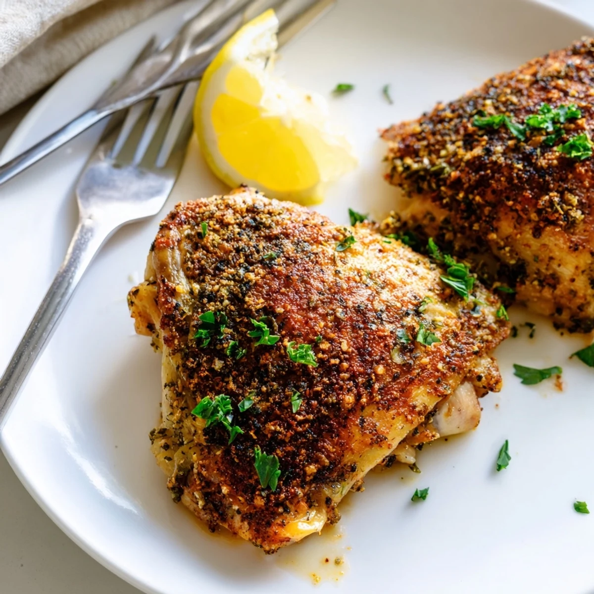 Golden crispy oven baked chicken thighs with herbs on a rustic baking sheet