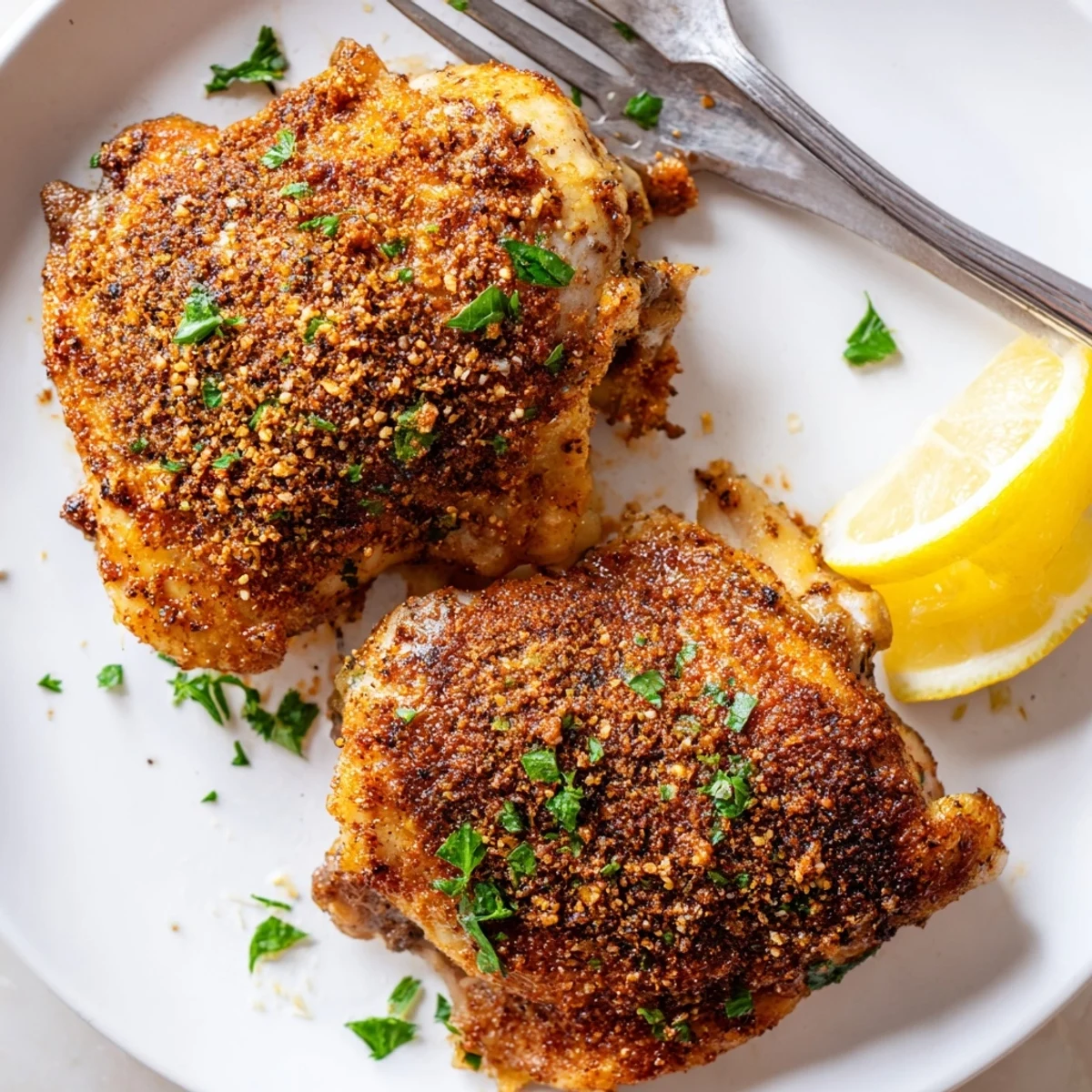 Perfectly roasted oven baked chicken thighs with crispy seasoned skin on parchment paper