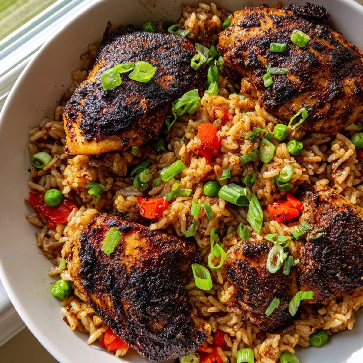 Spicy jerk chicken rice served steaming in a rustic skillet with fresh cilantro garnish