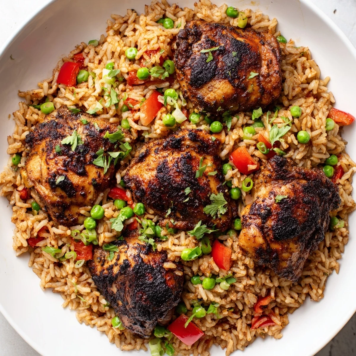 Golden brown jerk-seasoned chicken thighs nestled in fragrant coconut rice with diced peppers