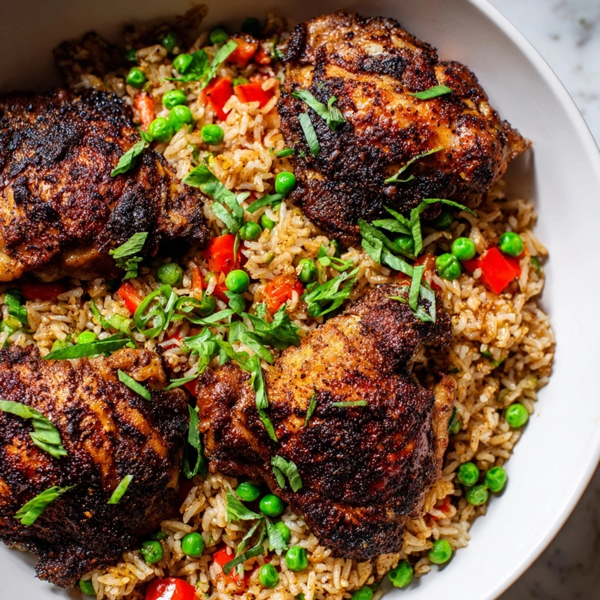 A vibrant bowl of spicy jerk chicken rice topped with spring onions and lime wedges