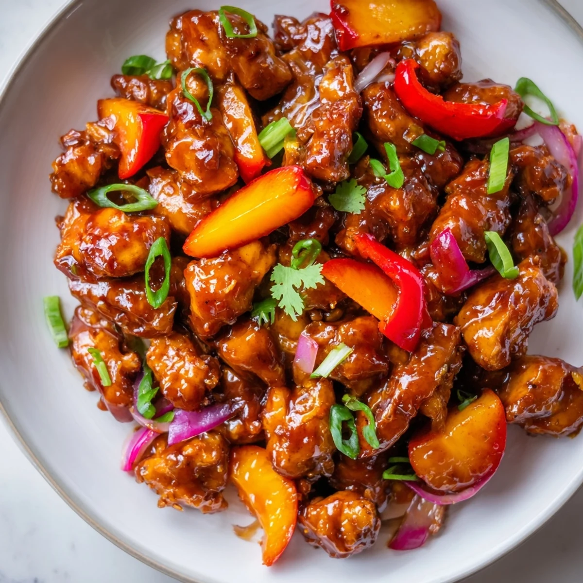 Golden Thai Peach Chicken with caramelized peach slices served over steamed jasmine rice