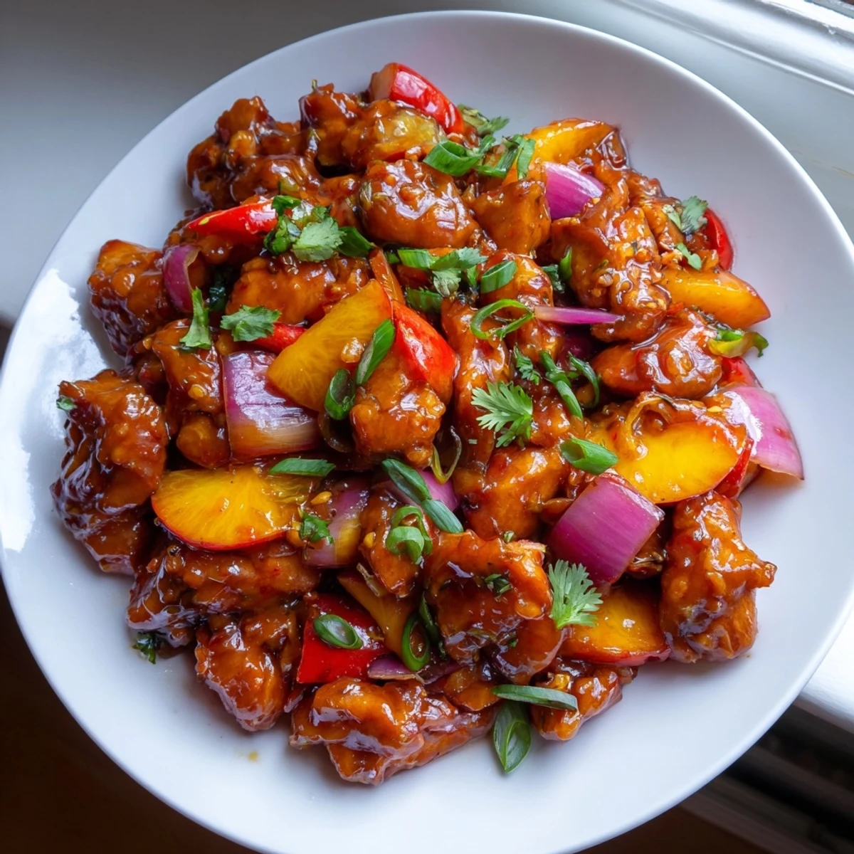 Close-up of Thai Peach Chicken in glossy sauce with fresh cilantro and lime wedges