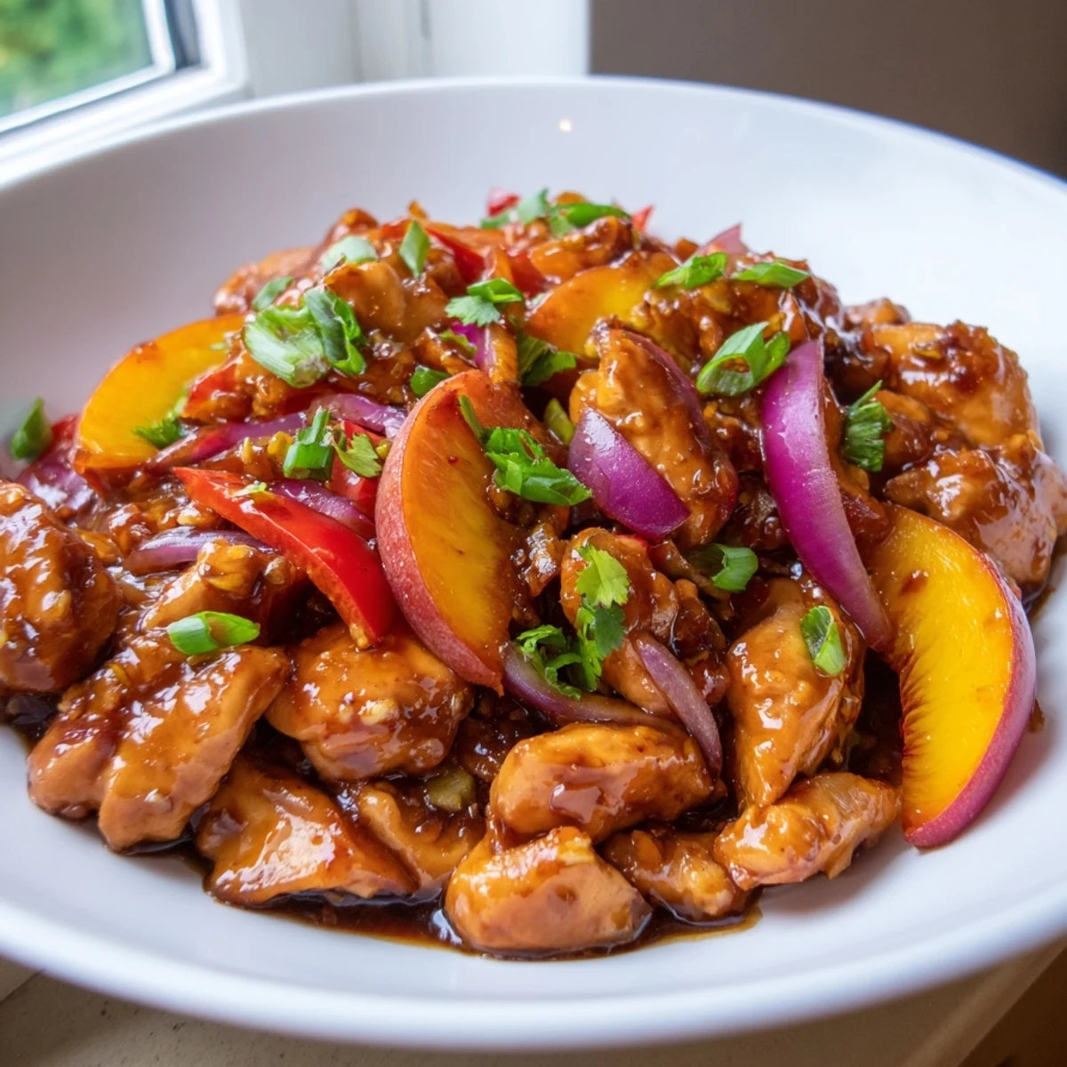 Colorful Thai Peach Chicken stir-fry with red bell peppers and juicy peach chunks in skillet