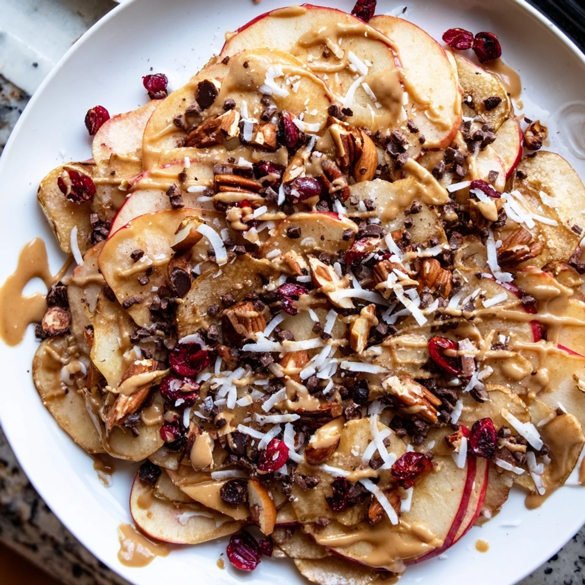 Crispy apple nachos topped with shredded coconut, chopped nuts, and chocolate chips under a warm cinnamon tahini drizzle on a rustic platter.