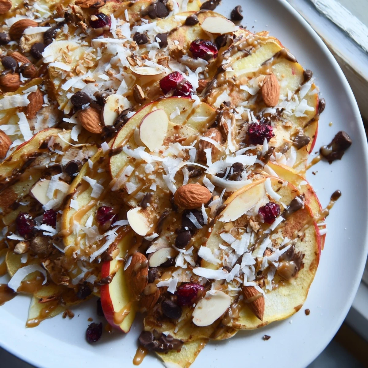 Golden apple slices layered with dried cranberries and roasted almonds, generously coated in a sweet cinnamon tahini drizzle for crispy apple nachos.